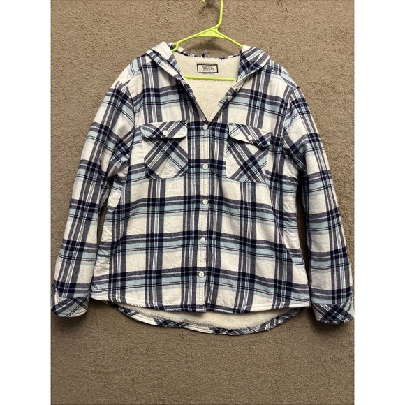 Boston Traders Jackets & Blazers - Boston Traders Hooded Shacket Blue White Plaid Flannel Women's Fleece Lined